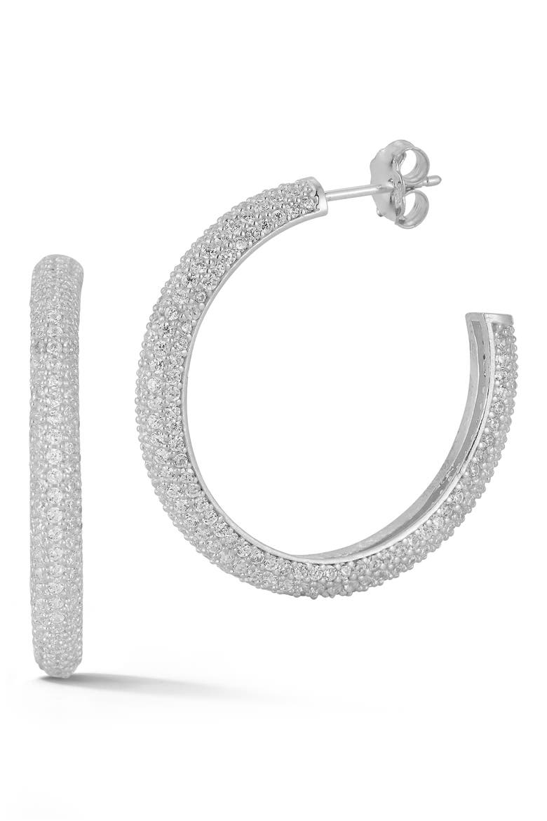 Rhodium Plated Sterling Silver Pavé CZ Hoop Earrings, Main, color, SILVER