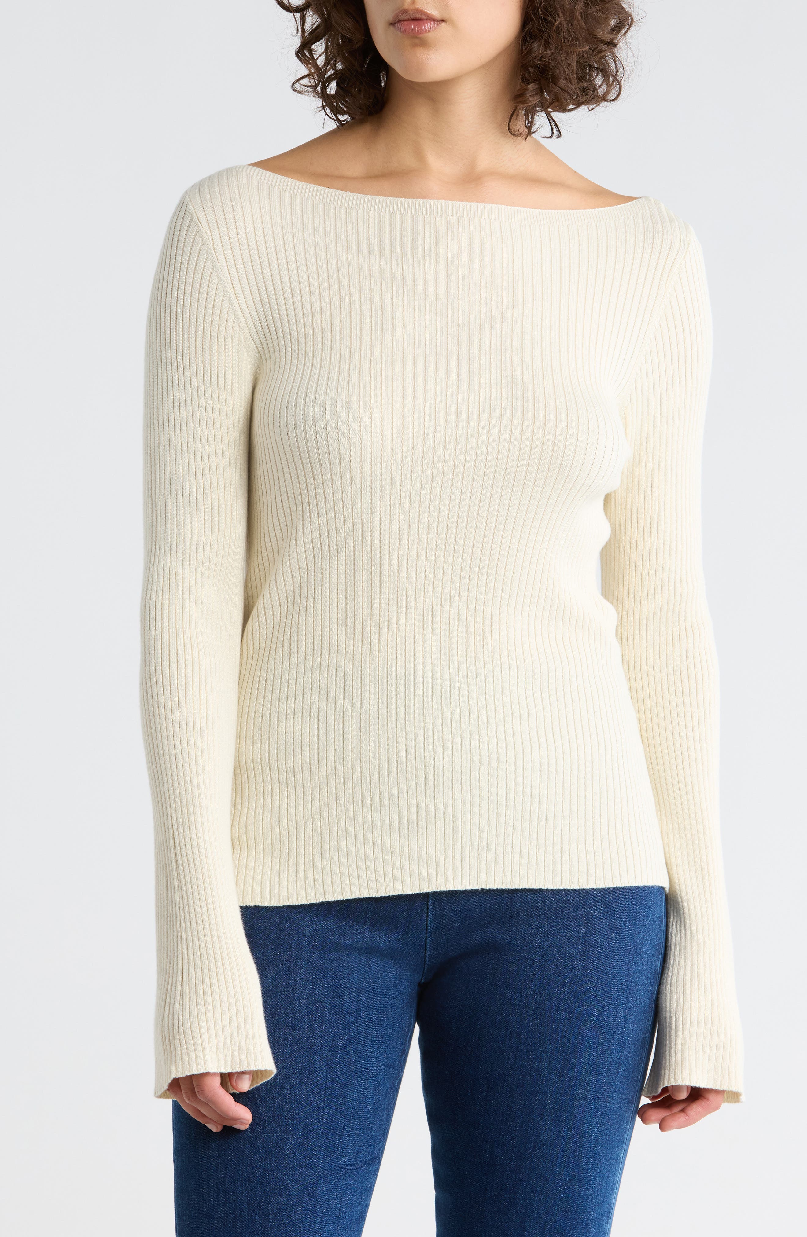 Leith Boat Neck Flare Sleeve Sculpt Sweater