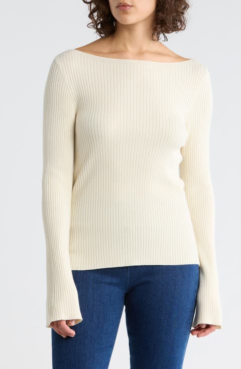 Boat Neck Flare Sleeve Sculpt Sweater