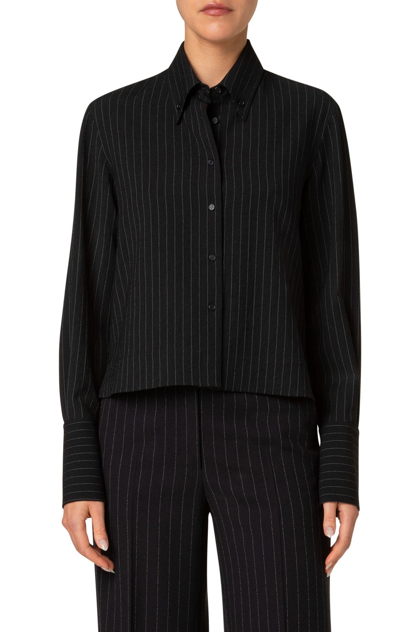 Akris punto Pinstripe Crepe Crop Button-Down Blouse in Black-Cream 