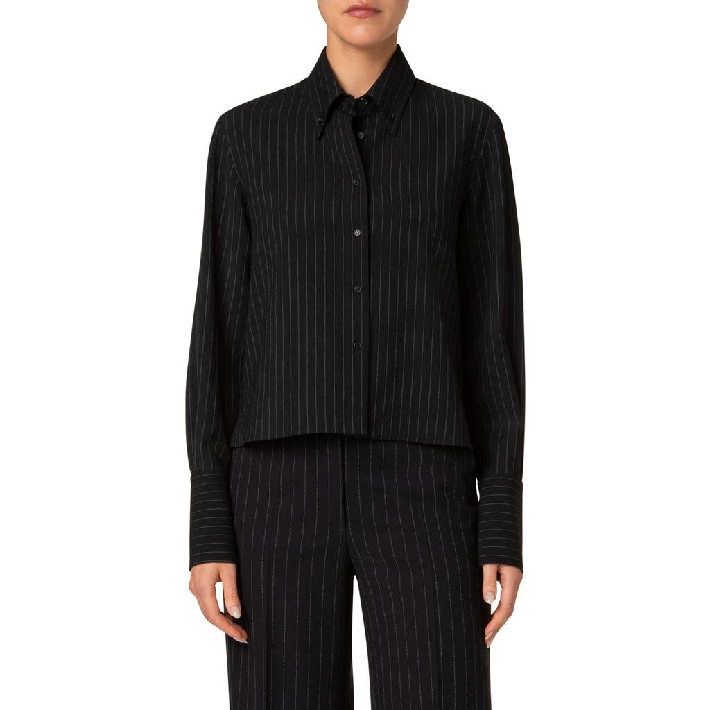 Akris punto Pinstripe Crepe Crop Button-Down Blouse in Black-Cream
