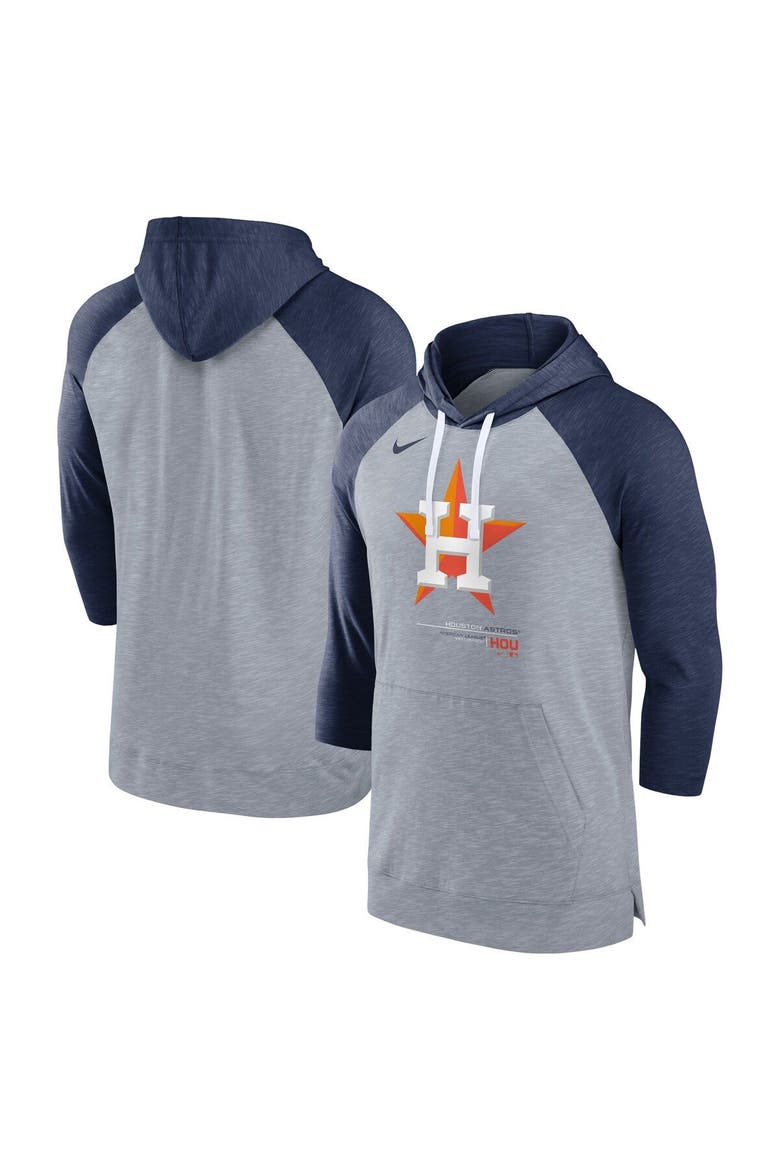 Men's Nike Heather Gray/Heather Navy Houston Astros Baseball Raglan 3/4-Sleeve Pullover Hoodie, Main, color, Heather Gray