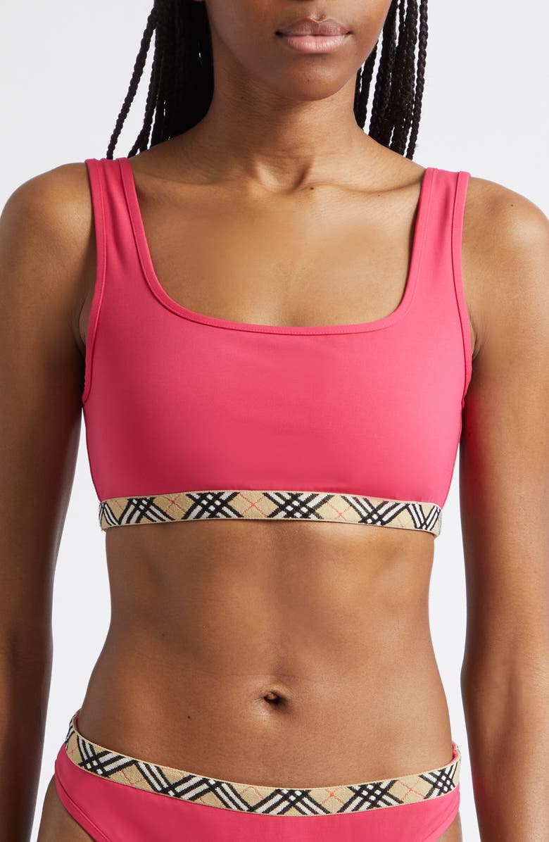 Burberry Check Trim Bikini Top, Main, color, Jam Red