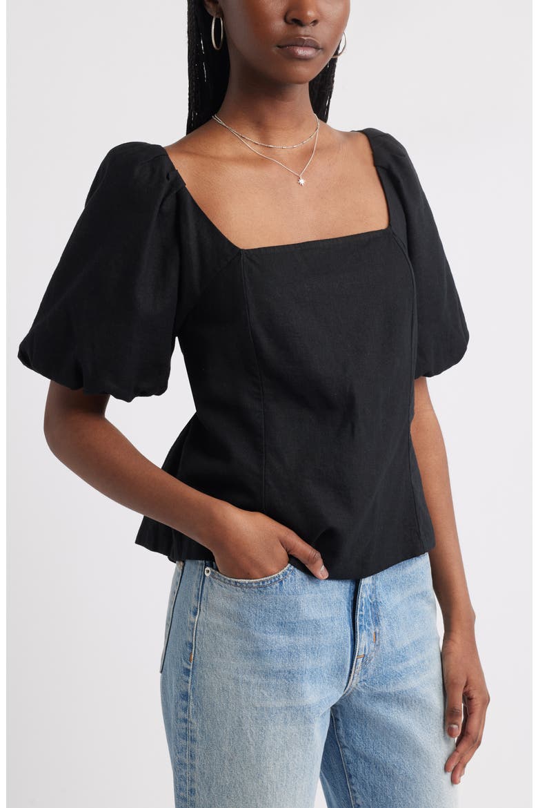 Tie Back Puff Sleeve Linen Blend Top, Main, color, BLACK