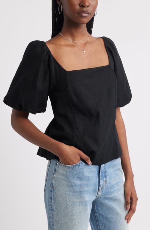 Tie Back Puff Sleeve Linen Blend Top