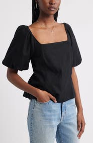 Treasure & Bond Tie Back Puff Sleeve Linen Blend Top