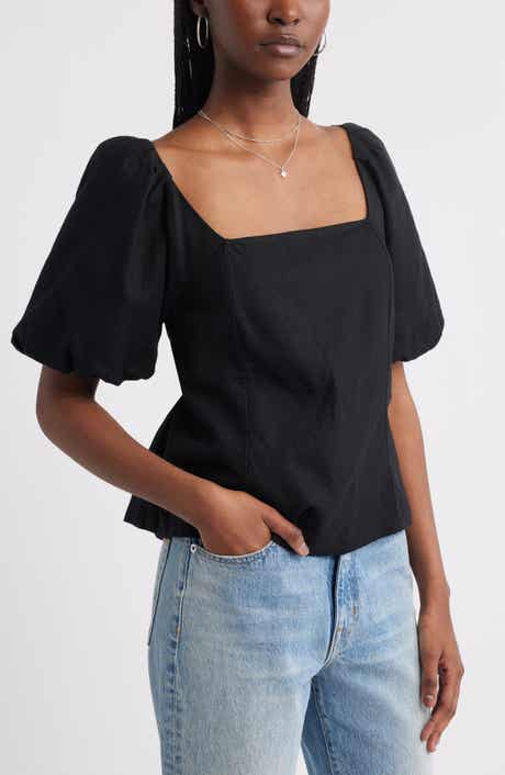 Treasure & Bond Tie Back Puff Sleeve Linen Blend Top