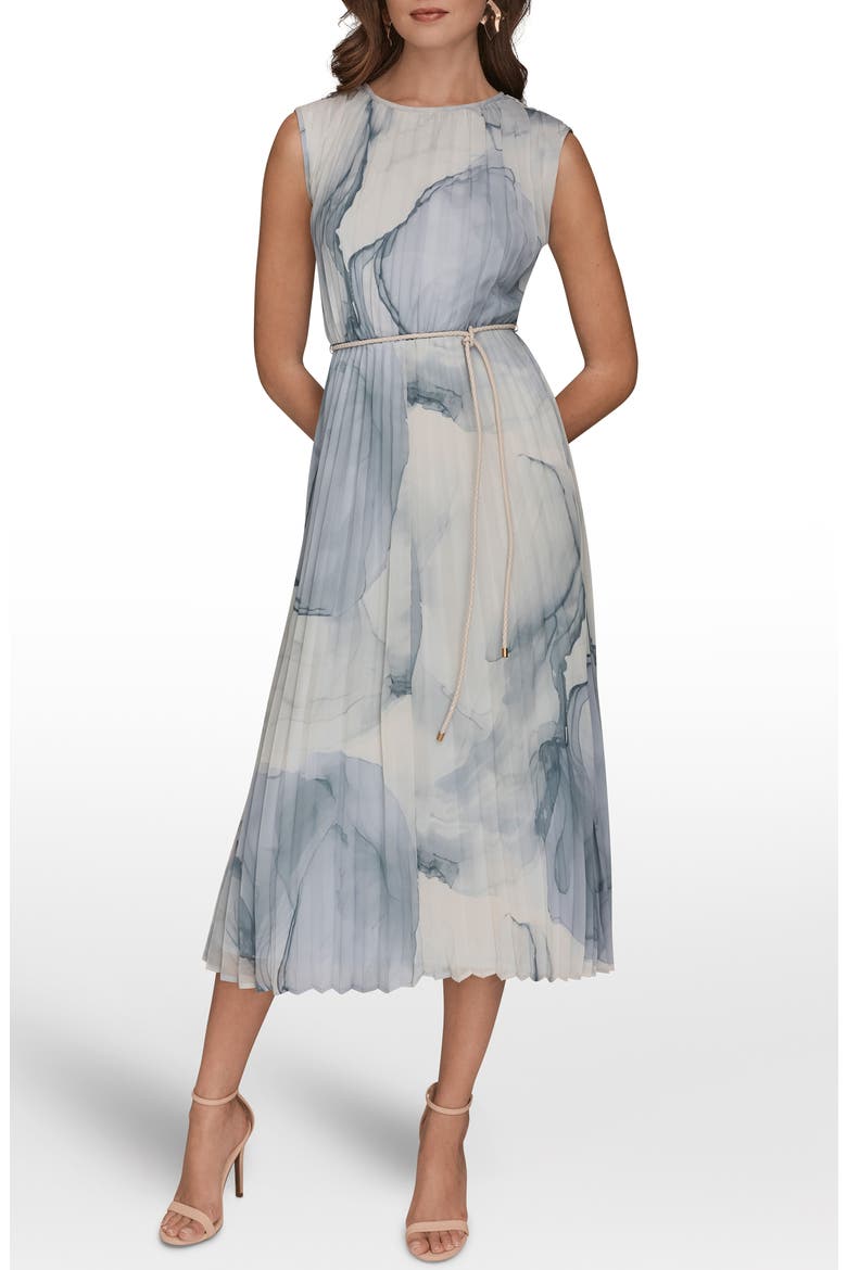 Print Pleated Midi Dress, Main, color, DUSK MULT