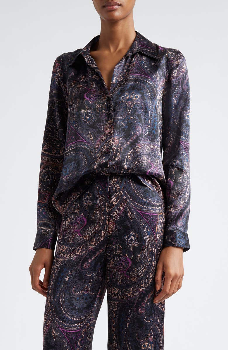 L'AGENCE Tyler Paisley Print Long Sleeve Silk Button-Up Shirt, Main, color, 