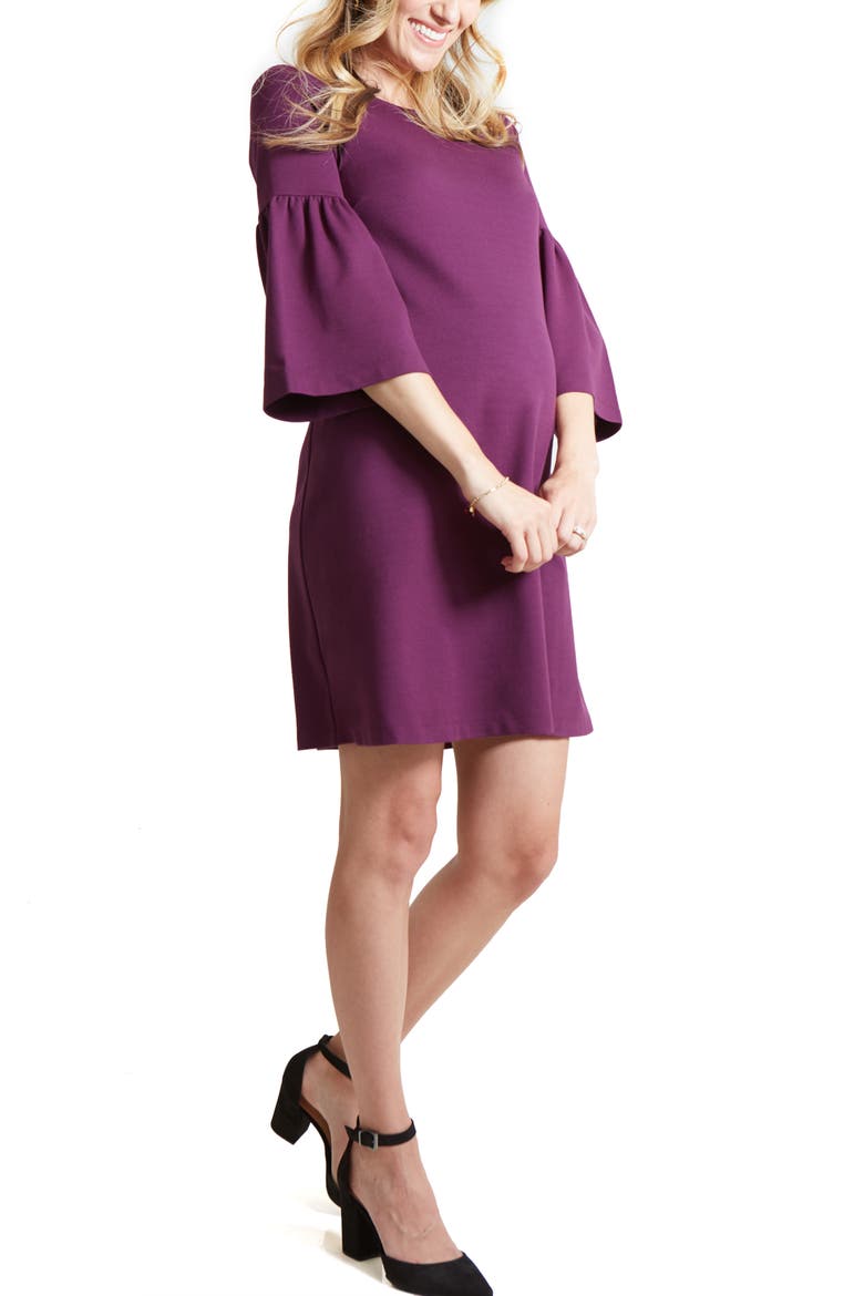 Ingrid & Isabel® Bell Sleeve Ponte Knit Maternity Dress, Main, color, PLUM