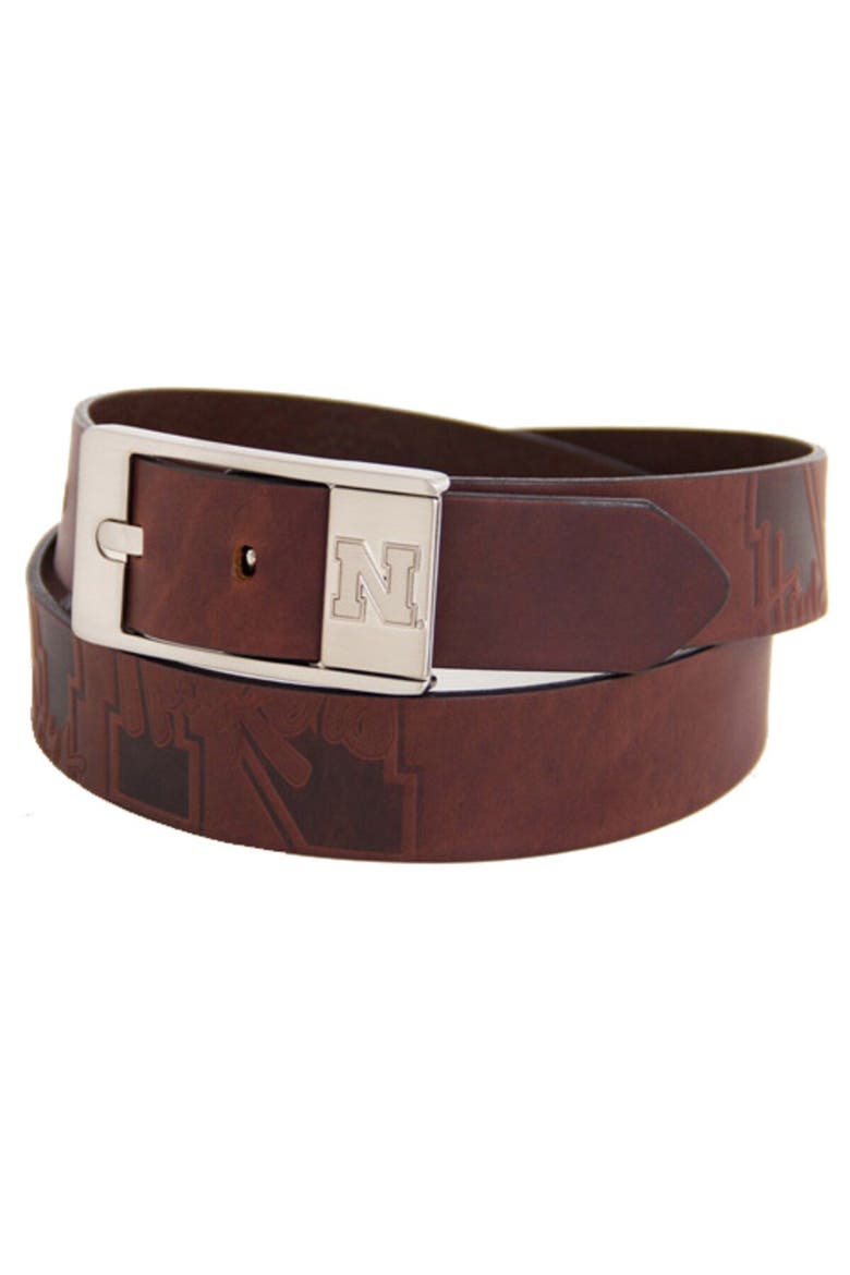 Nebraska Huskers Brandish Leather Belt - Brown, Main, color, Brown