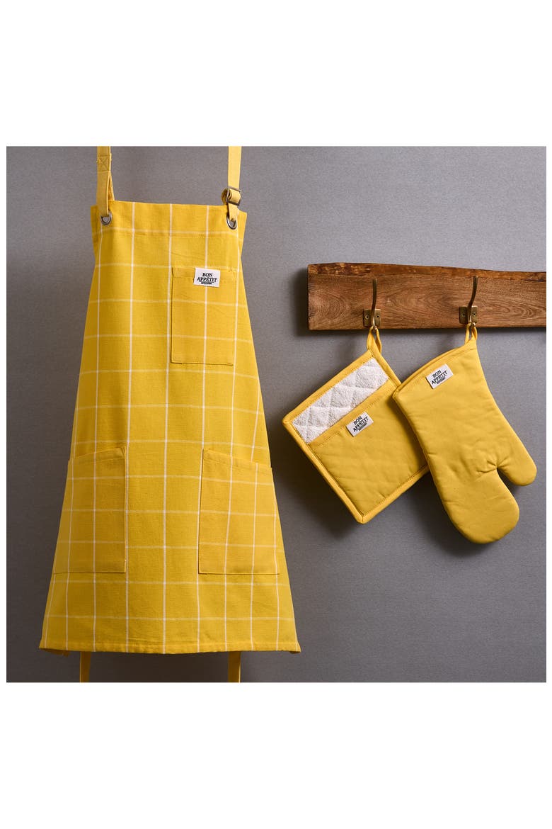 Windowpane Print Cotton Apron, Alternate, color, YELLOW