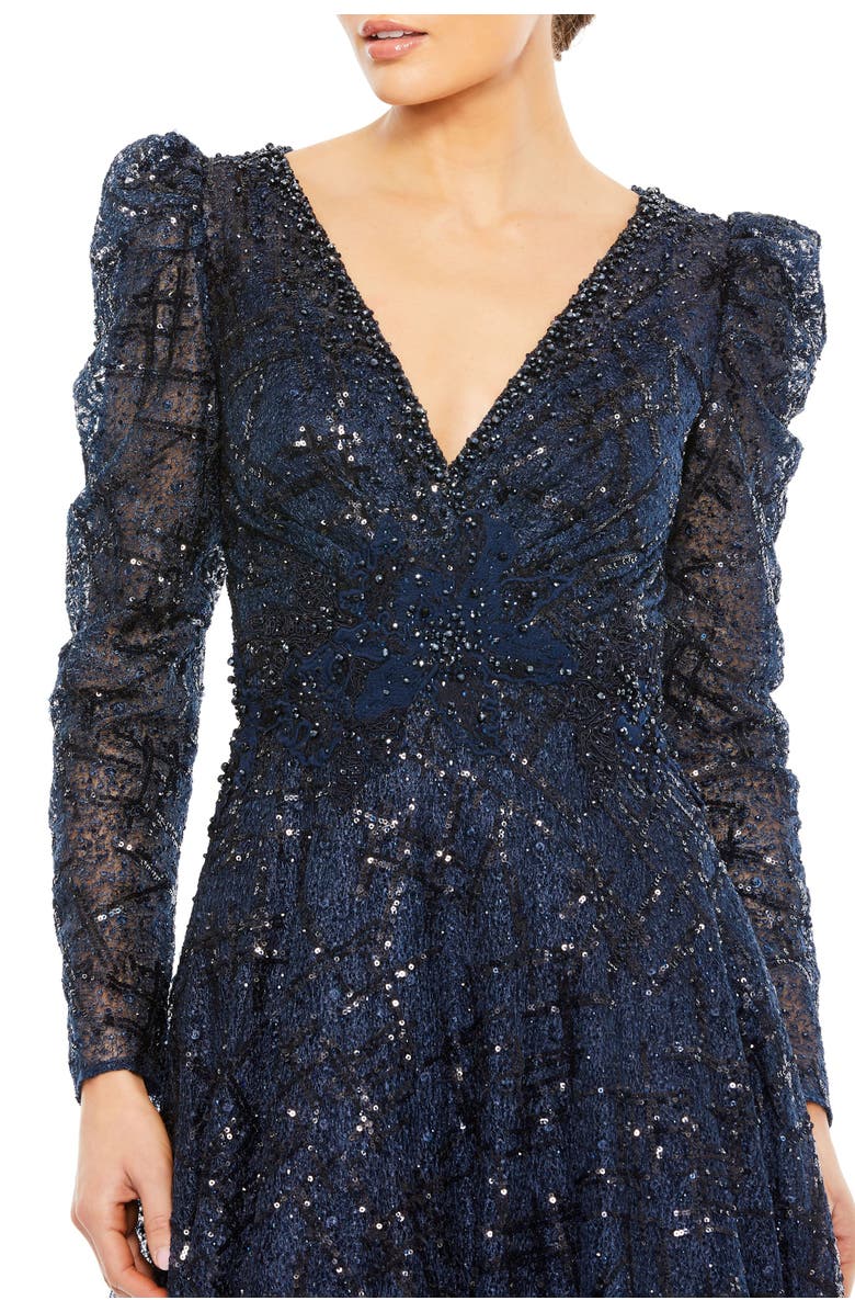 Mac Duggal Embellished V Neck Long Sleeve A Line Gown, Alternate, color, Midnight