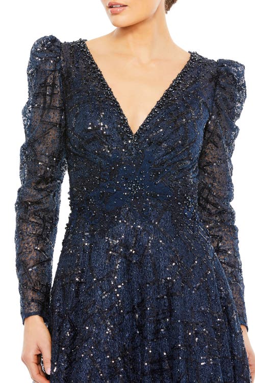 Mac Duggal Embellished V Neck Long Sleeve A Line Gown In Midnight