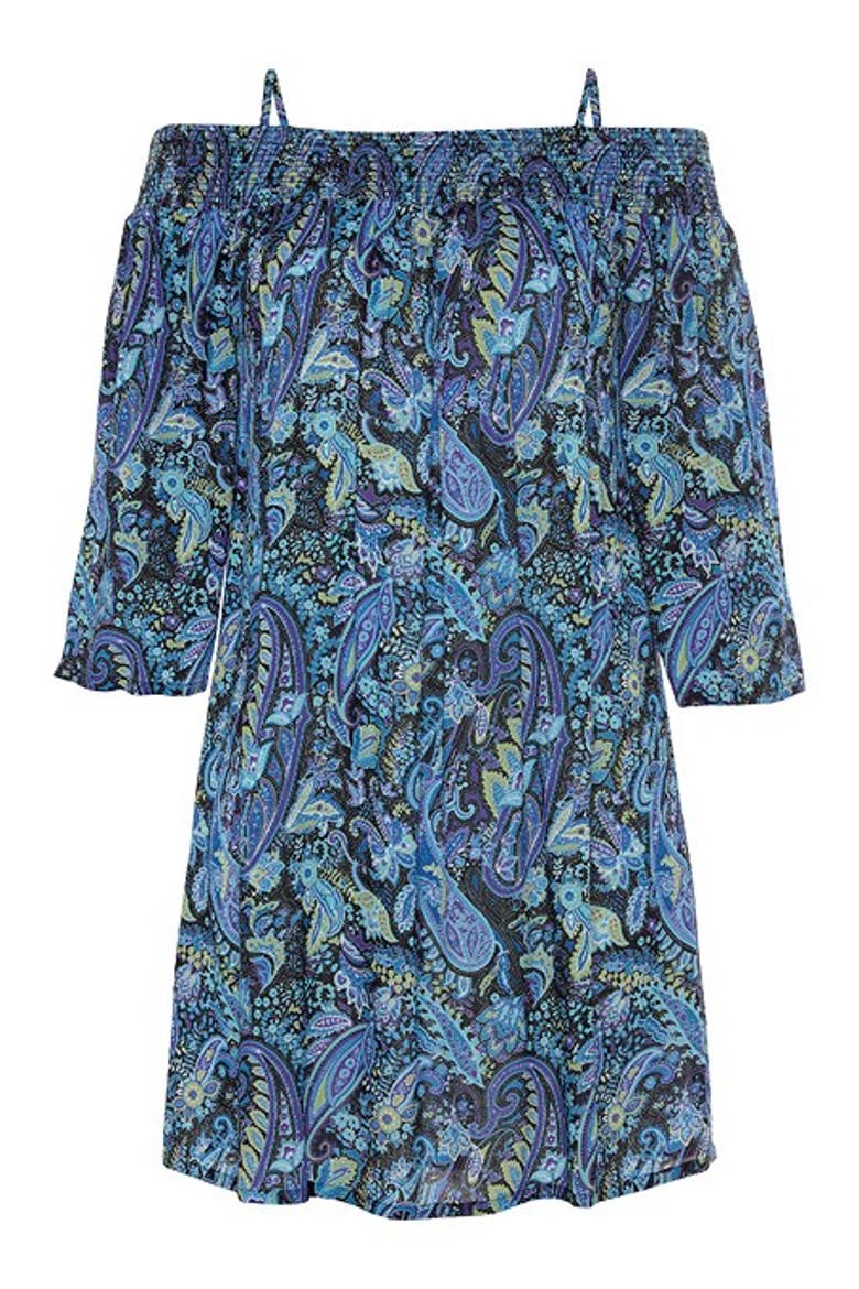Women's Off Shoulder Patterned Dress, Alternate, color, Blue Multi
