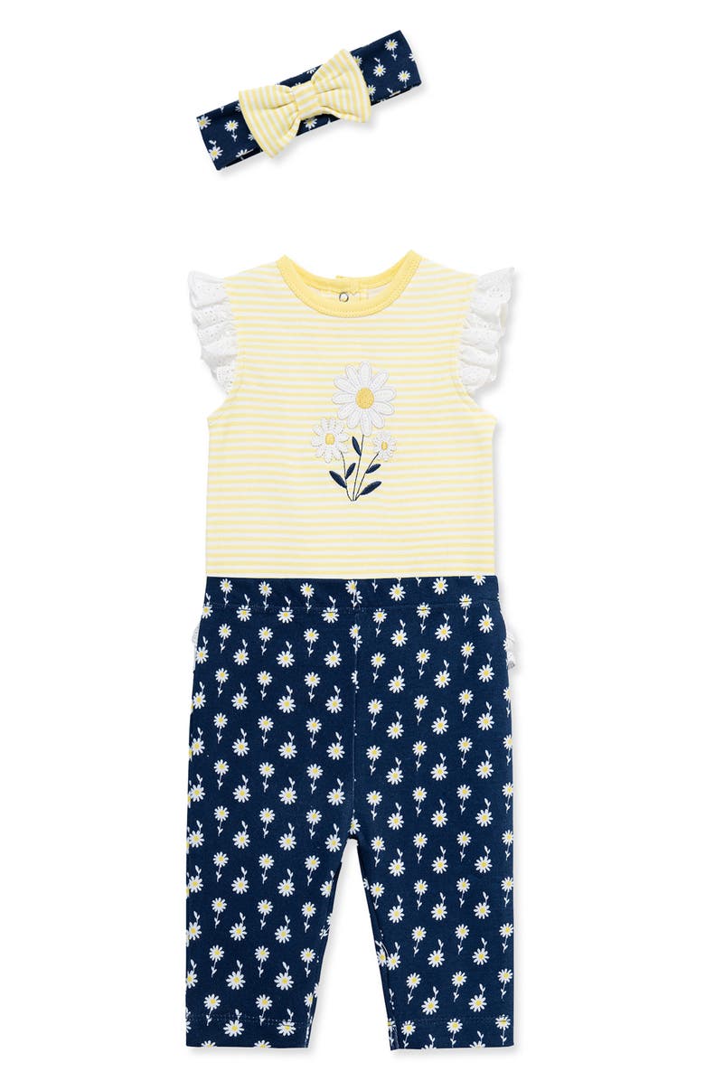 Little Me Daisy Bodysuit, Pants & Headband Set, Alternate, color, Yellow Multi
