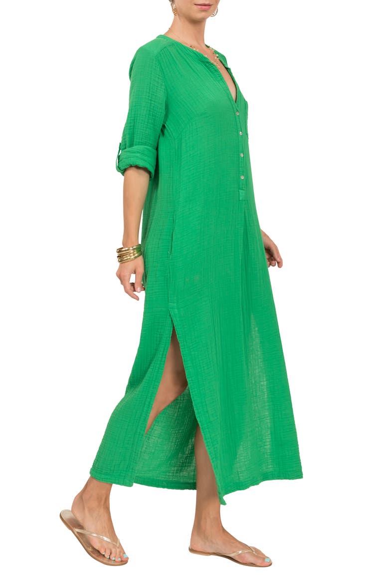 Button Front Cotton Gauze Caftan, Alternate, color, PARAKEET