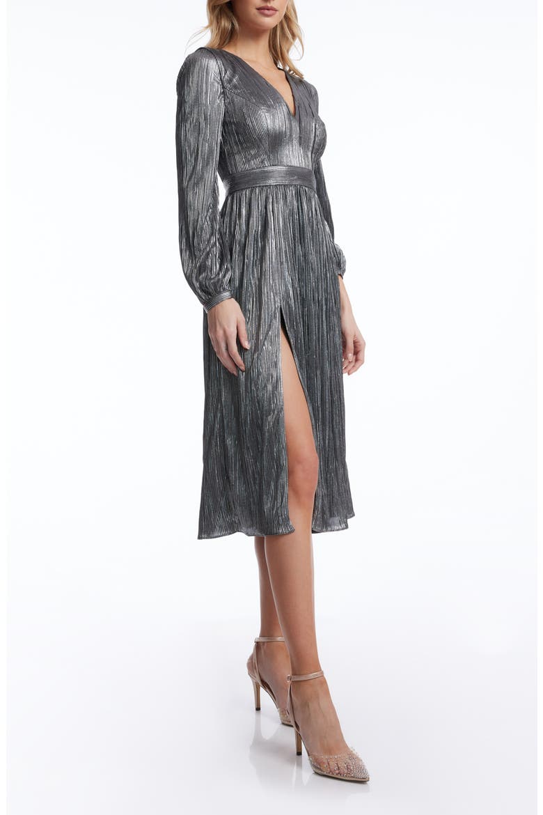 Holly Long Sleeve Metallic Plissé Dress, Alternate, color, SILVER