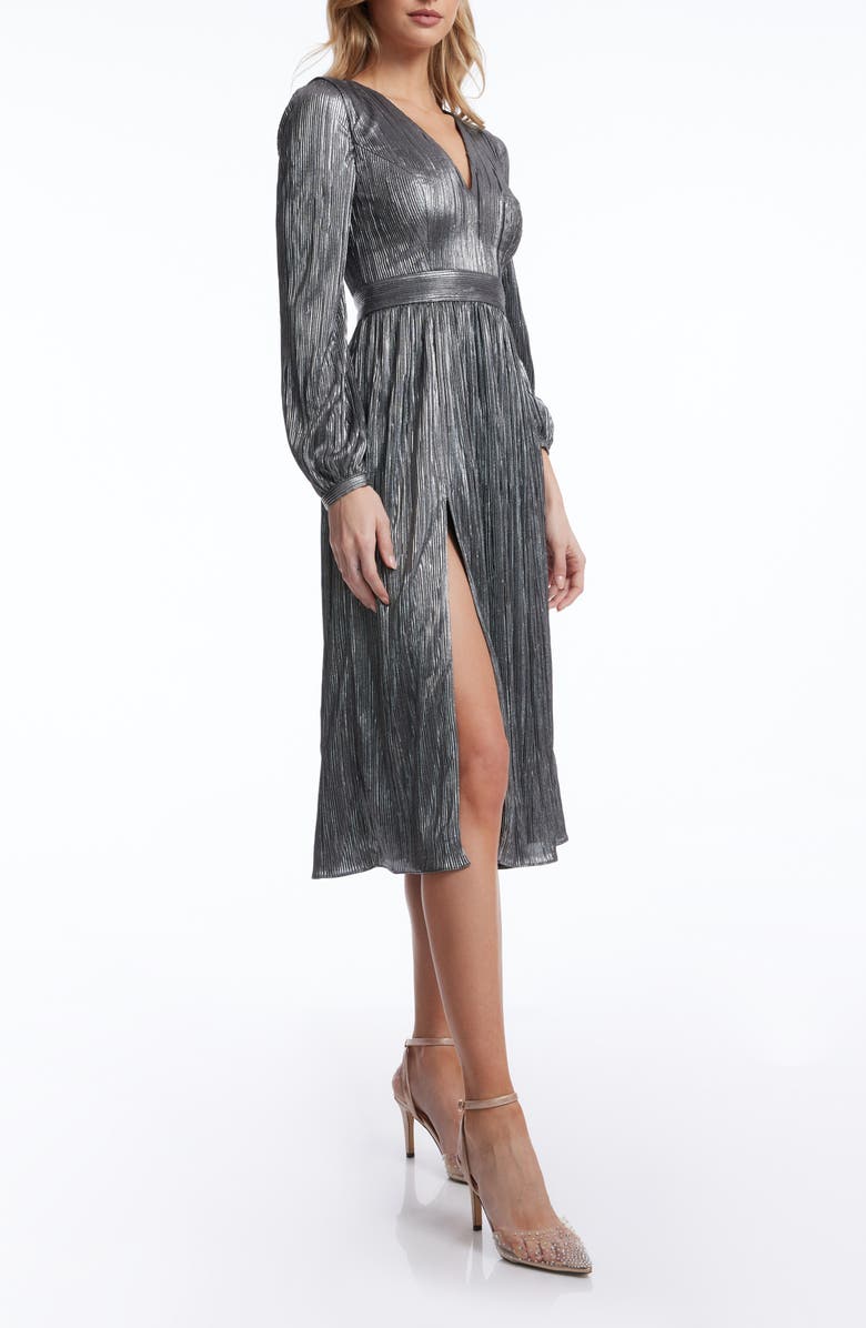 Dress the Population Holly Long Sleeve Metallic Plissé Dress, Alternate, color, Silver