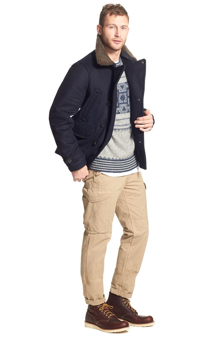 'Penston' Double Breasted Coat with Removable Faux Shearling Collar, Alternate, color, NAVY