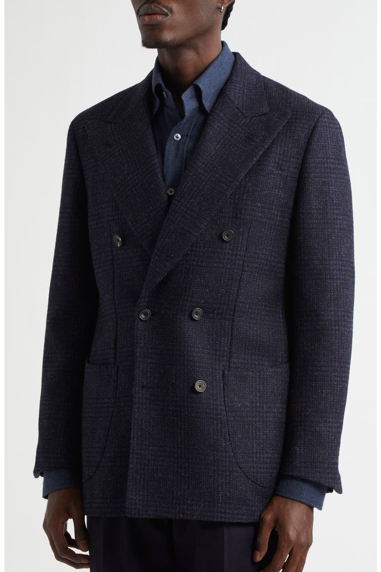 Unstructured Double Breasted Plaid Wool Sport Coat, Alternate, color, NAVY CHECK