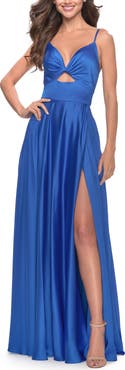 La Femme Satin A-Line Gown with Cut Out and Twist Bodice