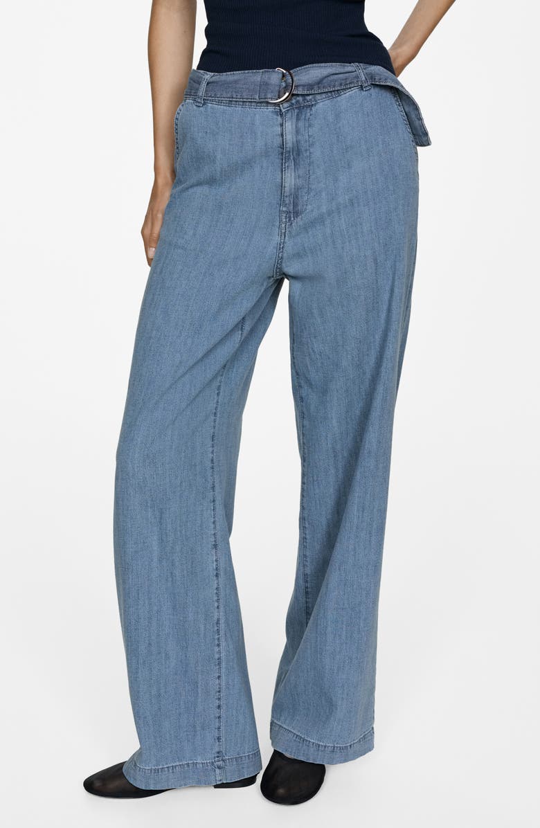 MANGO Belted Denim Wide Leg Pants, Main, color, 