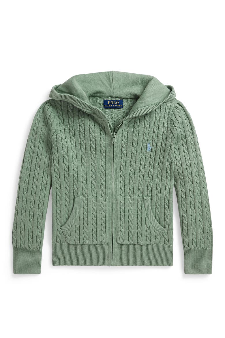 Kids' Hooded Cable Stitch Cotton Zip Cardigan, Main, color, FADED MINT
