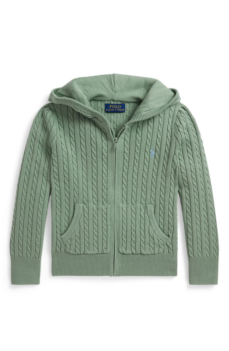 Polo Ralph Lauren Kids' Hooded Cable Stitch Cotton Zip Cardigan, Main, color, Faded Mint