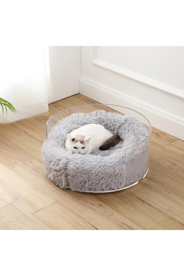 Bette 20.75" x 20.75" Small/Medium Modern Lucite Calming Fluffy Donut Pet Bed with Washable Cover, Alternate, color, Light Gray/Clear