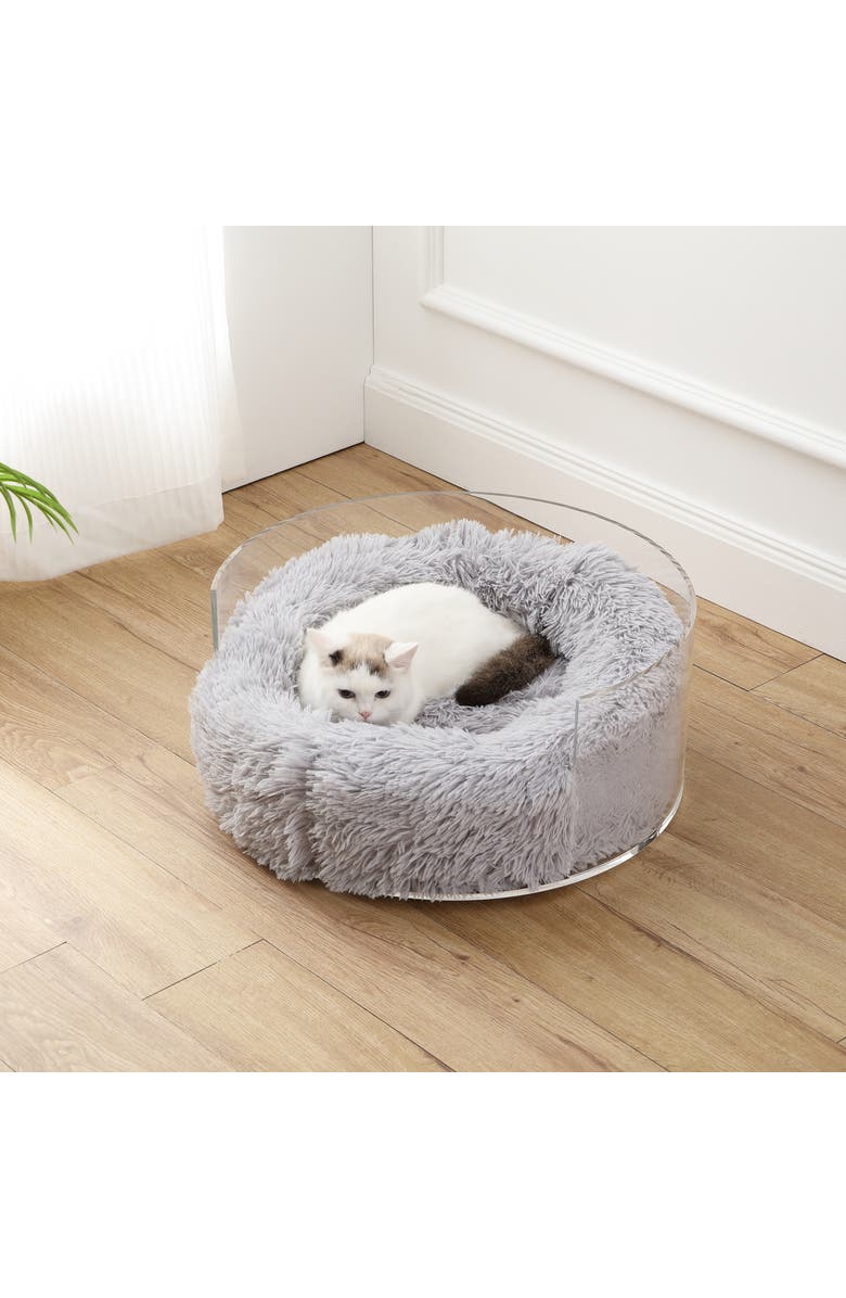 The Licker Store Bette 20.75" x 20.75" Small/Medium Modern Lucite Calming Fluffy Donut Pet Bed with Washable Cover, Alternate, color, Light Gray/Clear
