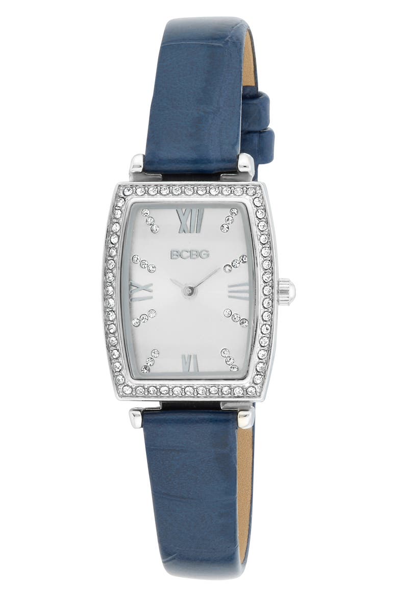 Tonneau Crystal Faux Leather Strap Watch, 26mm, Main, color, BLUE