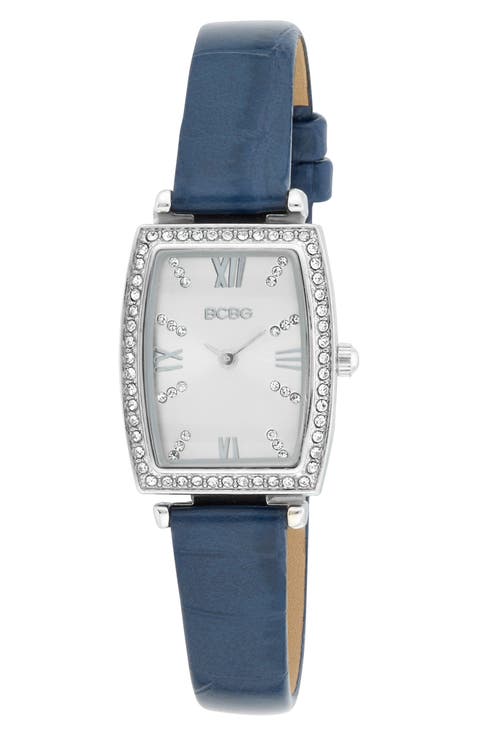 Tonneau Crystal Faux Leather Strap Watch, 26mm