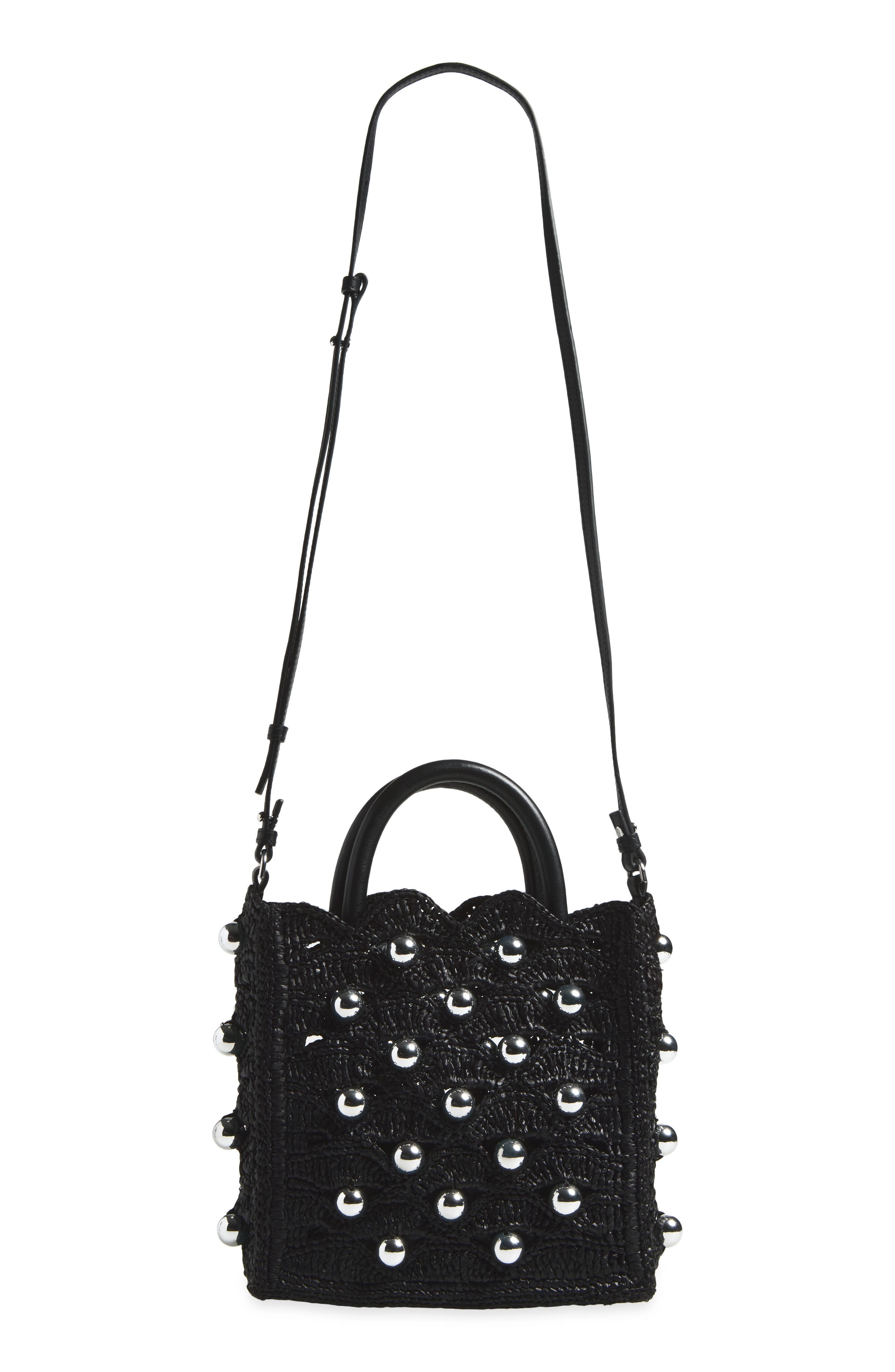 Small Raffia Tote Bag, Main, color, BLACK / SILVER