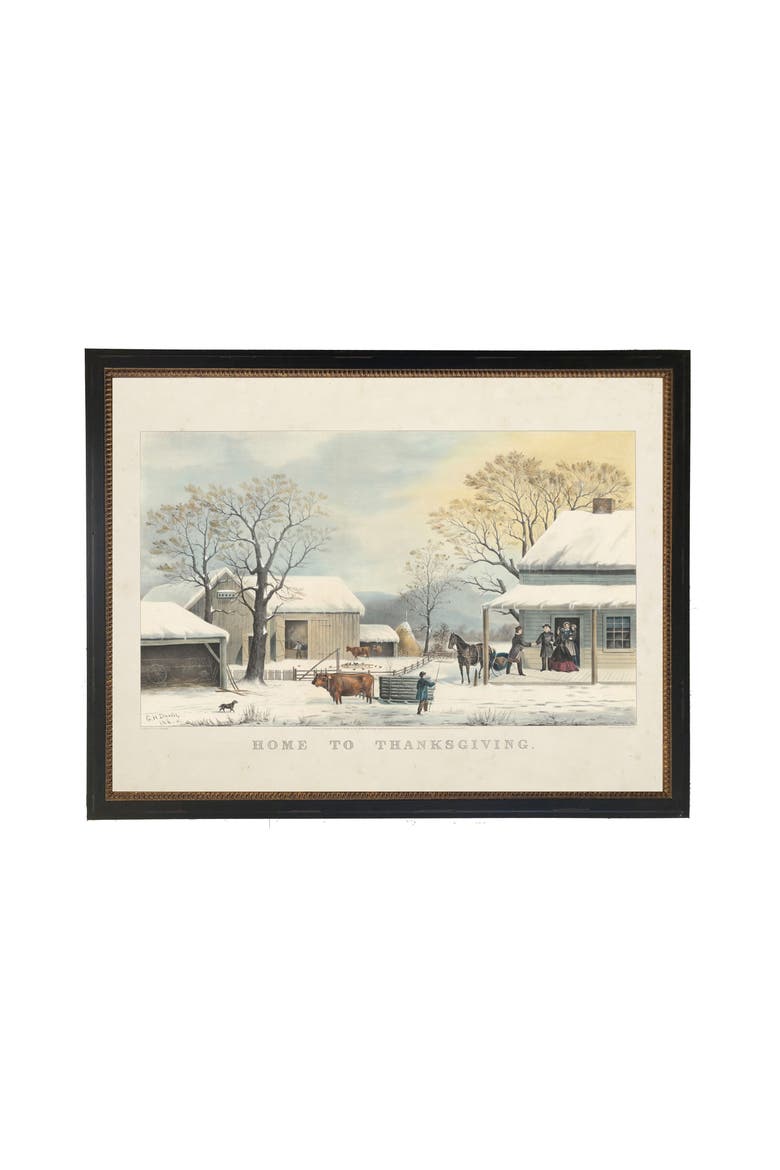 Vintage Home to Thanksgiving scene on a distressed bookplate background, Main, color, White