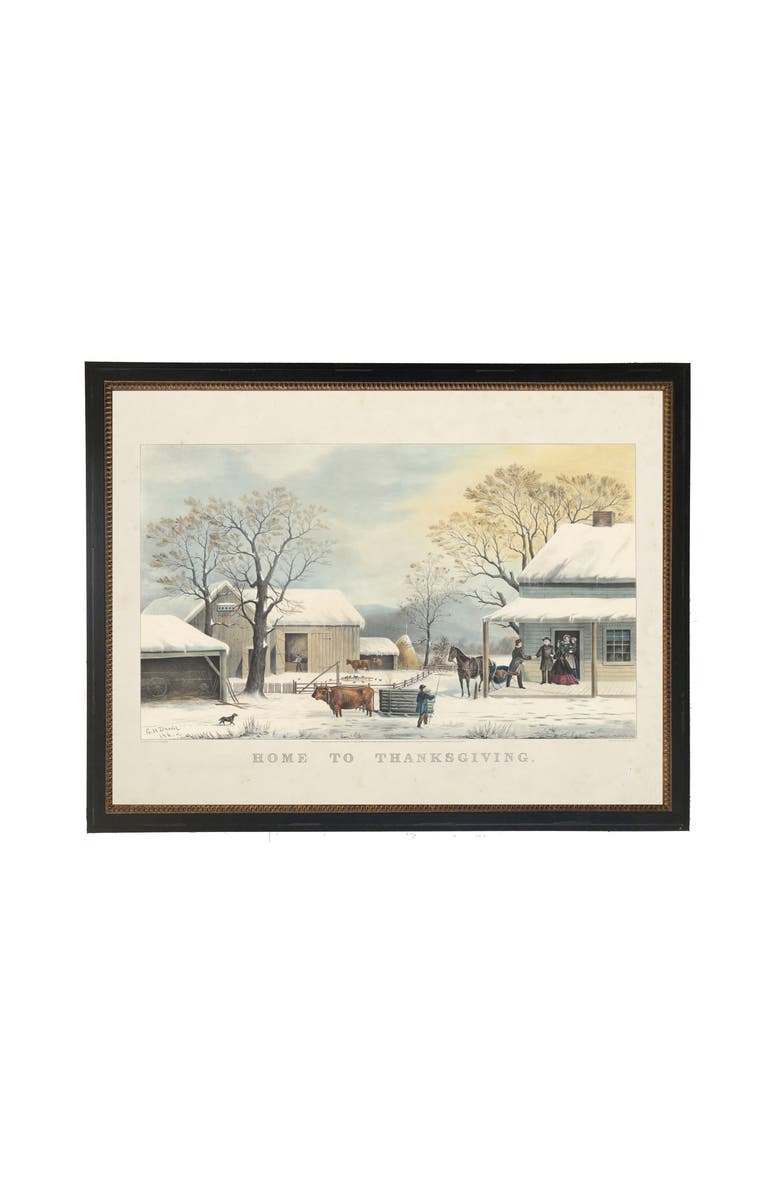 Antique Curiosities Vintage Home to Thanksgiving scene on a distressed bookplate background, Main, color, White