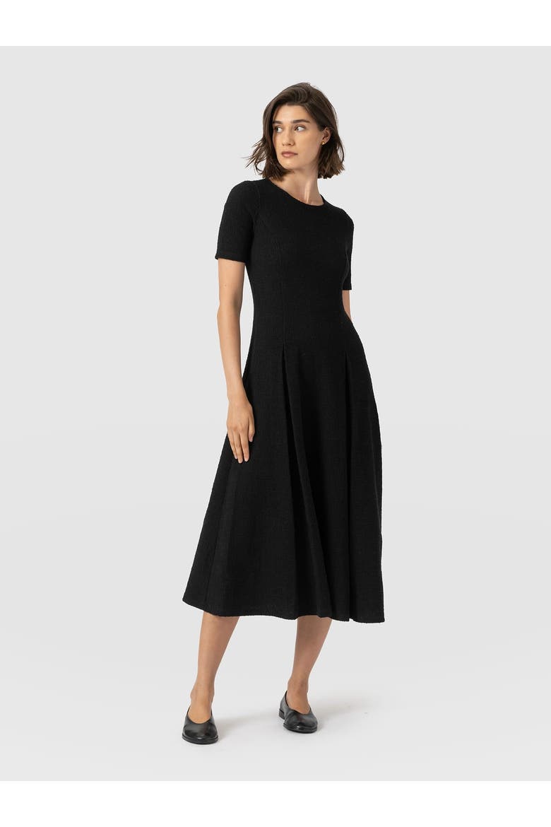 Lana Pleated Short Sleeve Dress, Main, color, Black Boucle