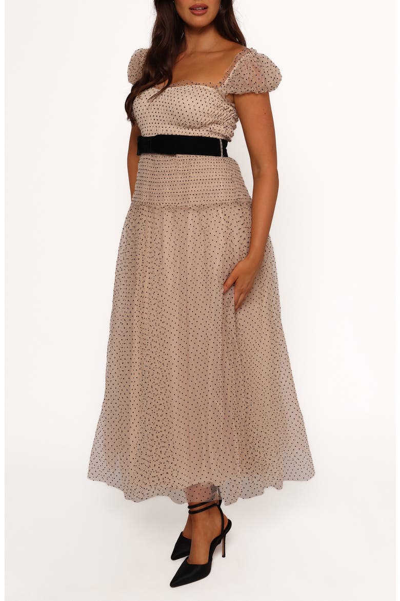 Bryn Polka Dot Belted Puff Sleeve Maxi Dress, Alternate, color, BEIGE