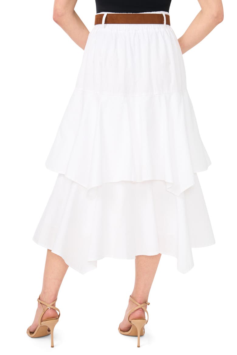 Tiered Denim Midi Skirt with Brown Golden Buckle Belt, Alternate, color, ULTRA WHITE