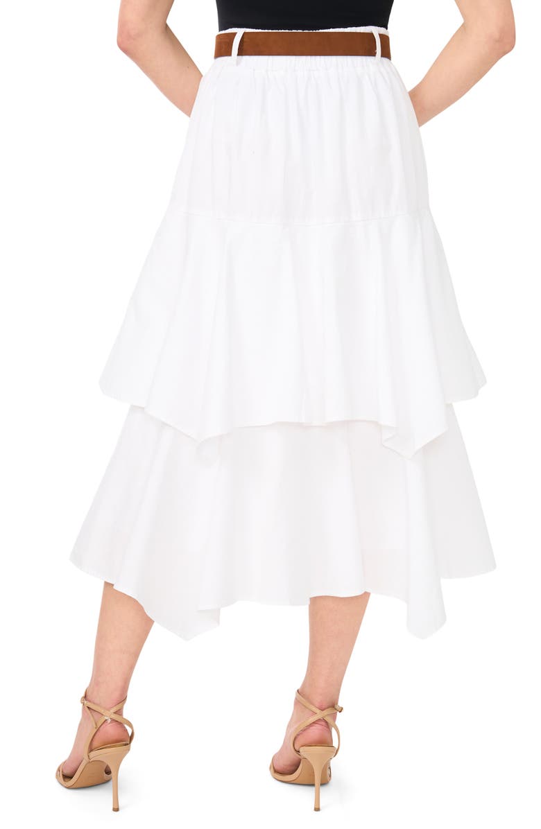 CeCe Tiered Denim Midi Skirt with Brown Golden Buckle Belt, Alternate, color, Ultra White