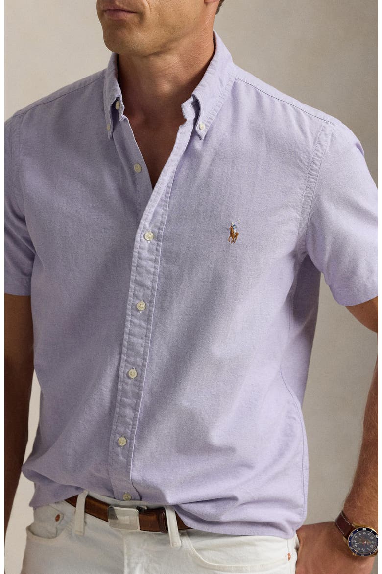 Classic Fit Solid Purple Short Sleeve Button-Down Oxford Shirt, Alternate, color, THISTLE