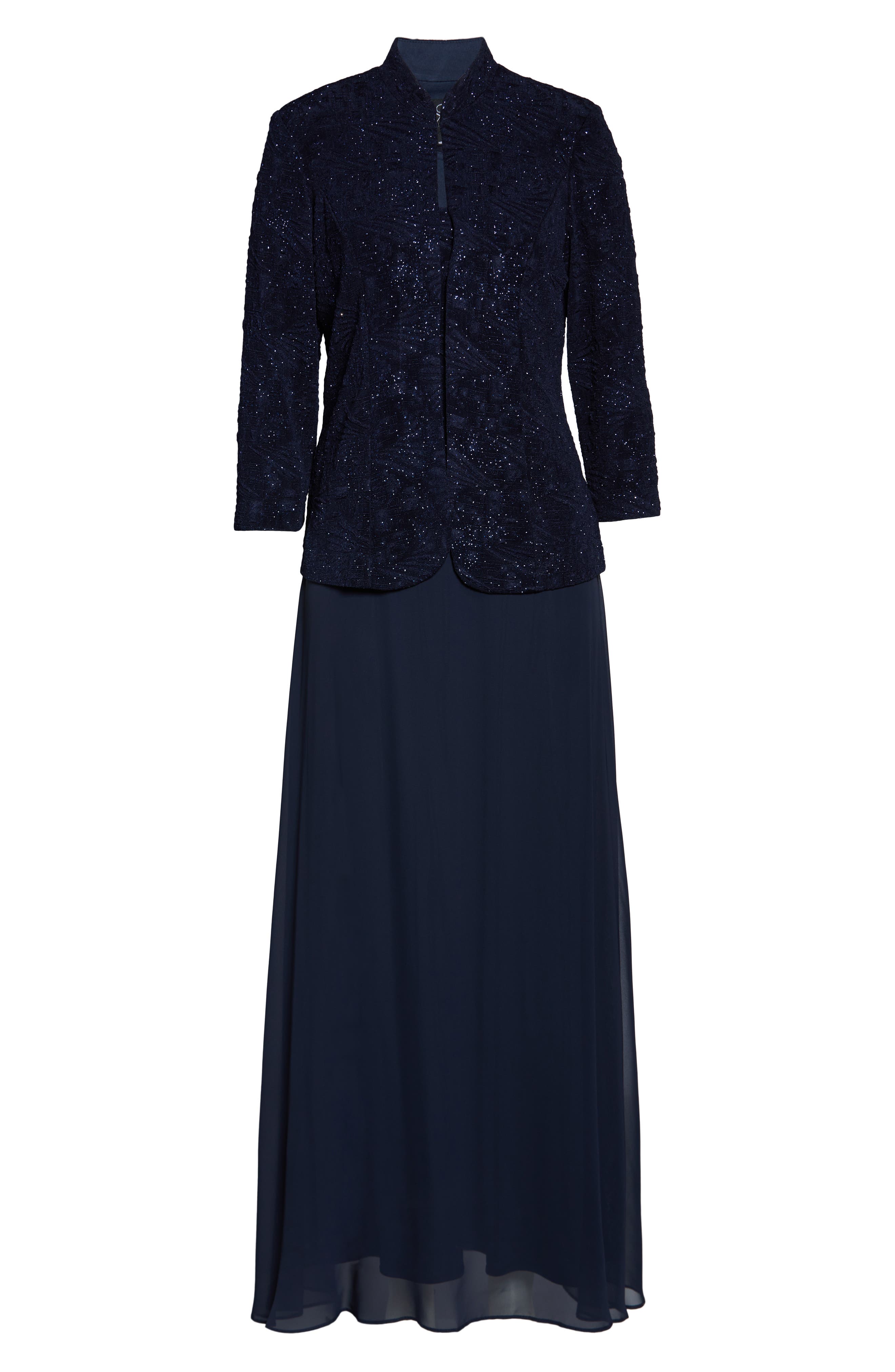 alex evenings sequined a-line midi dress and jacket Alex Evenings Petite Sequined Midi Dress and Jacket - Pewter
