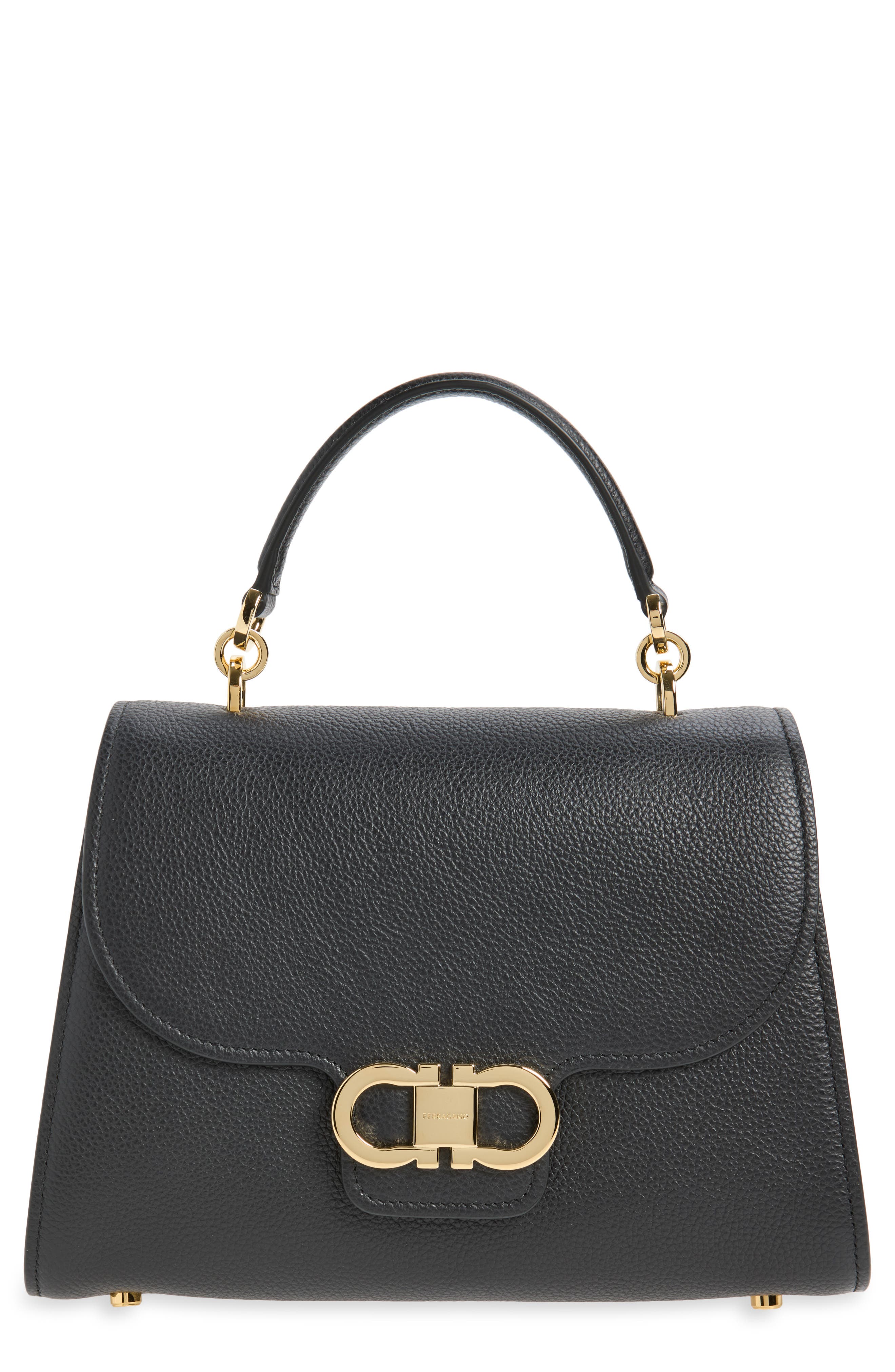 Medium Double Gancini Leather Top Handle Bag, Main, color, NERO