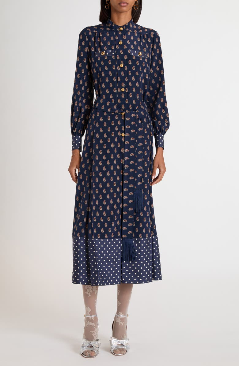 Valentino Garavani Paisley Print Long Sleeve Crêpe de Chine Shirtdress, Main, color, Indigo