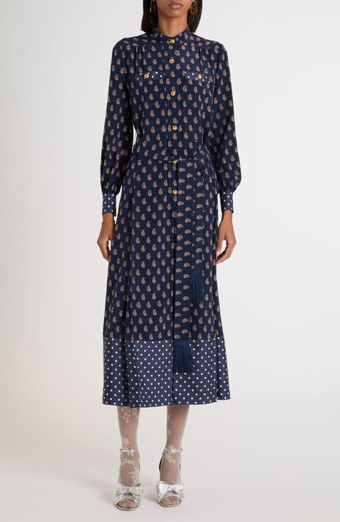 Paisley Print Long Sleeve Crêpe de Chine Shirtdress
