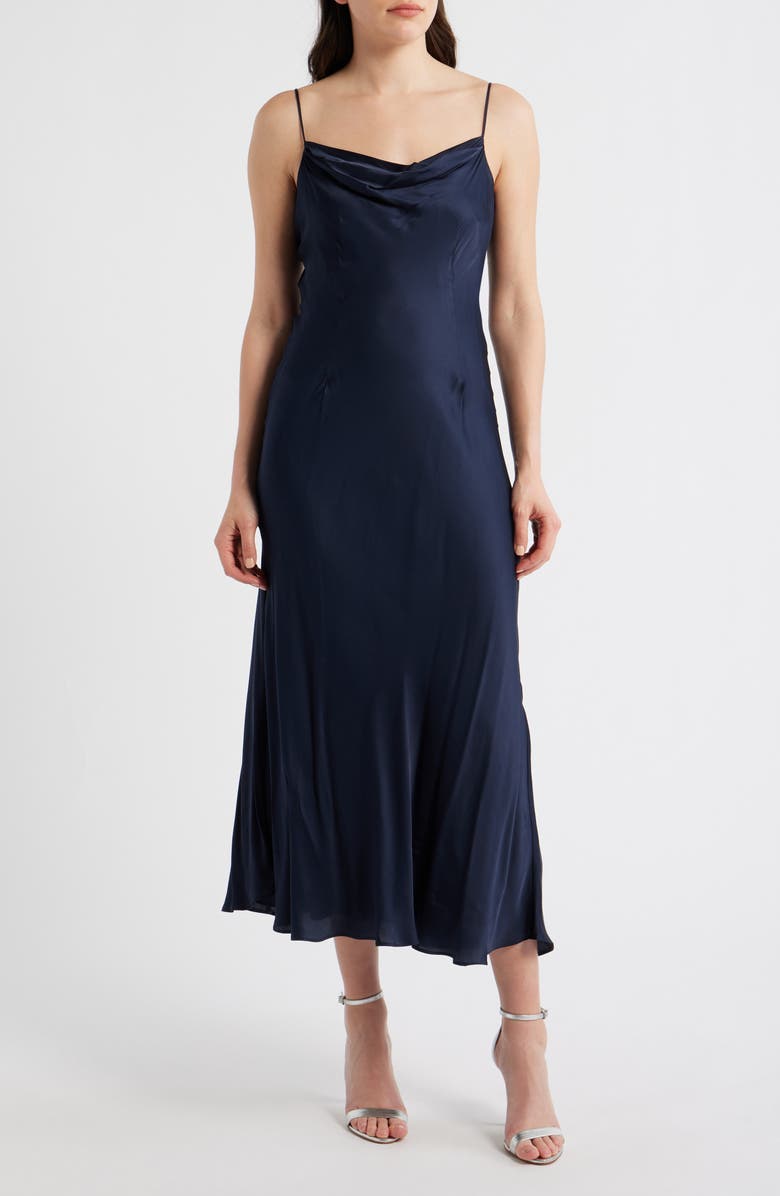 French Connection Oona Strappy Satin Midi Dress, Main, color, Marine