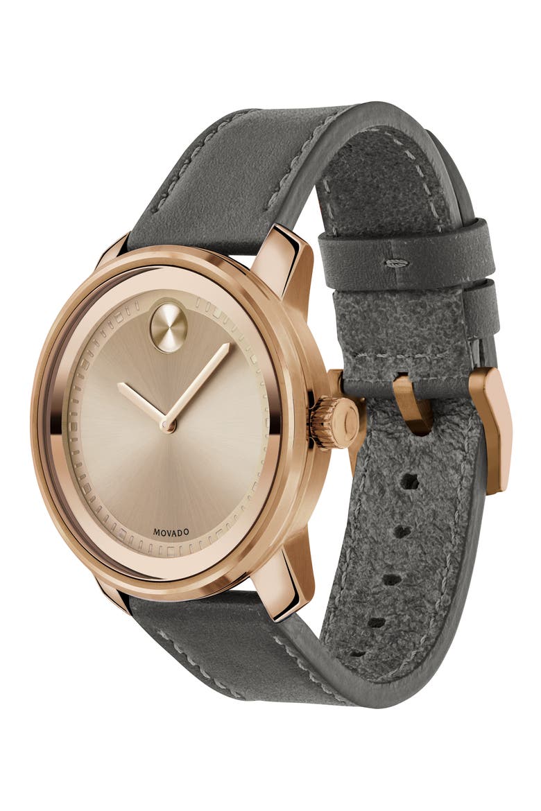 Bold Leather Strap Watch, 42.5mm, Alternate, color, GREY/ ROSE GOLD