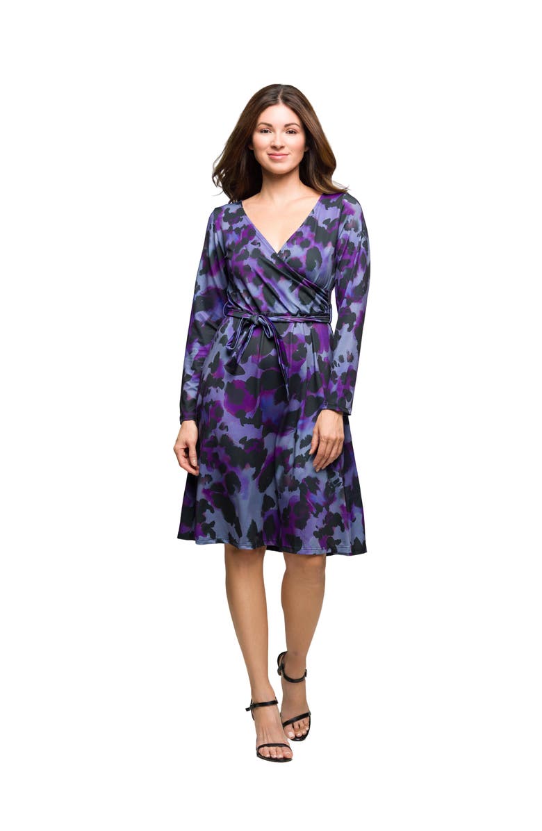 24seven Comfort Apparel Long Sleeve Wrap Dress with Belt Print, Main, color, Purple Multi