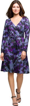 24seven Comfort Apparel Long Sleeve Wrap Dress with Belt Print