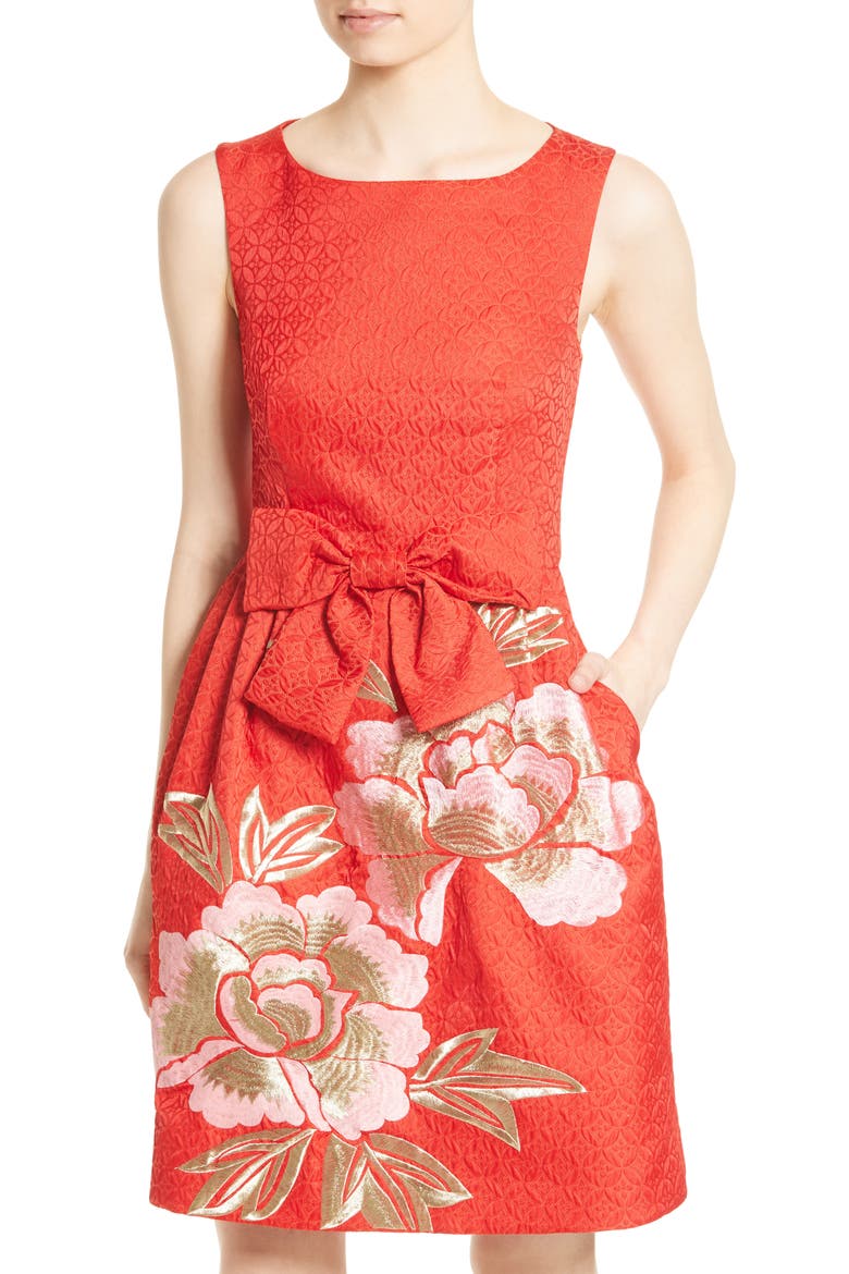 Deemey Embroidered Jacquard Party Dress, Alternate, color, BRIGHT ORANGE